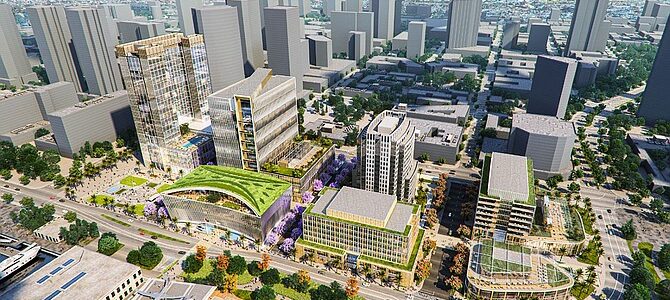 Artist's rendering of the innovative IQHQ development project transforming Downtown San Diego with modern architecture and green spaces